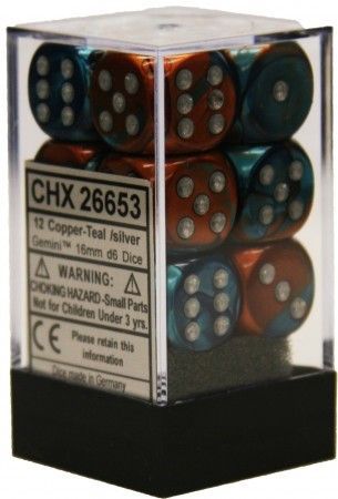 Chessex Gemini Copper Teal w Silver Set of 12 d6 Dice CHX26653 Dice Life Counters Tokens Chessex Gemini Copper Teal w Silver Set of 12 d6 Dice CHX26653 Dice Life Counters Tokens