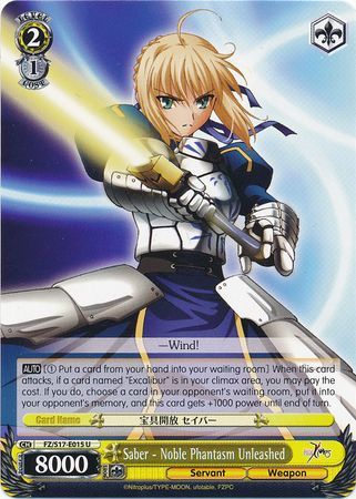 Saber Noble Phantasm Unleashed FZ S17 E015 Uncommon U Weiss Schwarz Fate Zero Booster Set Saber Noble Phantasm Unleashed FZ S17 E015 Uncommon U Weiss Schwarz Fate Zero Booster Set