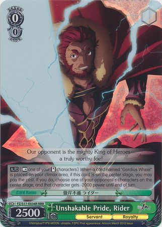 Unshakable Pride Rider FZ S17 E034R Triple Rare RRR Weiss Schwarz Fate Zero Booster Set Unshakable Pride Rider FZ S17 E034R Triple Rare RRR Weiss Schwarz Fate Zero Booster Set