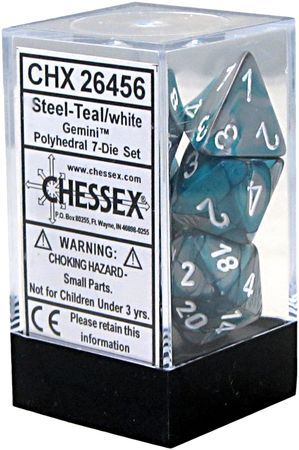 Chessex Gemini Steel Teal W White Set Of 7 Dice (chx26456)