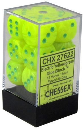 Chessex Vortex Electric Yellow w Green Set of 12 d6 Dice CHX27622 Dice Life Counters Tokens Chessex Vortex Electric Yellow w Green Set of 12 d6 Dice CHX27622 Dice Life Counters Tokens