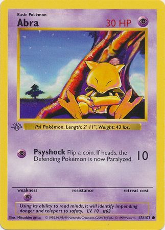 1999 Pokemon Abra Shadowless 43/102 Base Set Card LP WOTC TCG