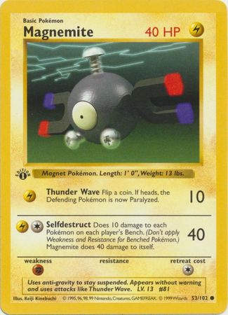 1st edition Pokemon MAGNEMITE Card BASE Set 53/102 First ed PLAYED PL worn 