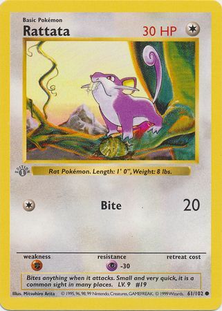 =o= 1999 Pokémon Base Set Rattata 61/102 1st Edition Shadowless NM