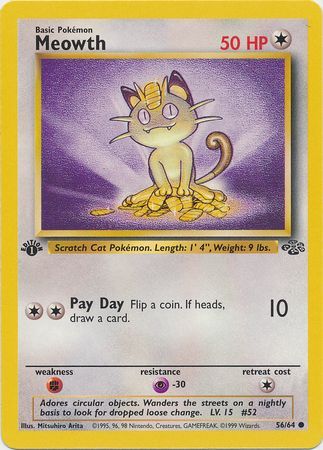 Meowth Common 1st Edition Pokemon Card Jungle Series 56/64