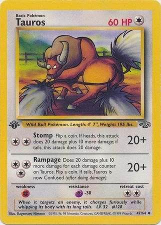 NM Tauros 1st Edition Jungle 1999 Uncommon Pokemon Card Sleeve 47/64
