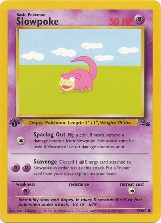 NM Slowpoke 1st Edition Fossil Pokemon Card English 55/62 Sleeve & Top Loader 