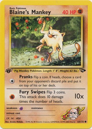 Gym Challenge 63/132 Blaine’s Mankey First Edition Pokemon Card Near Mint