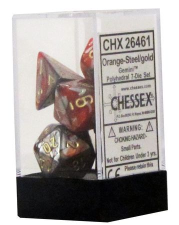Chessex Poly Gemini Orange Steel w Gold Set of 7 Dice CHX26461 Dice Life Counters Tokens Chessex Poly Gemini Orange Steel w Gold Set of 7 Dice CHX26461 Dice Life Counters Tokens