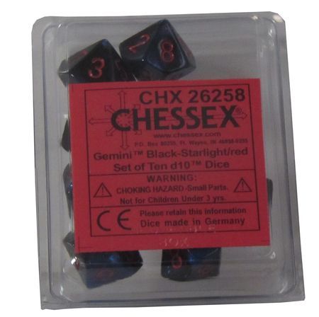 Chessex Gemini Black Starlight w Red Set of 10 d10 Dice CHX26258 Dice Life Counters Tokens Chessex Gemini Black Starlight w Red Set of 10 d10 Dice CHX26258 Dice Life Counters Tokens