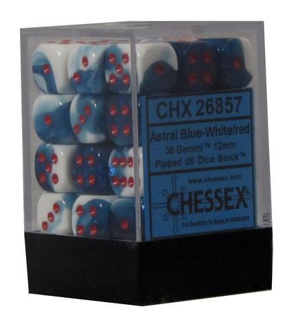 Chessex 12mm Gemini Astral Blue White w Red Set of 36 d6 Dice CHX26857 Chessex 12mm Gemini Astral Blue White w Red Set of 36 d6 Dice CHX26857