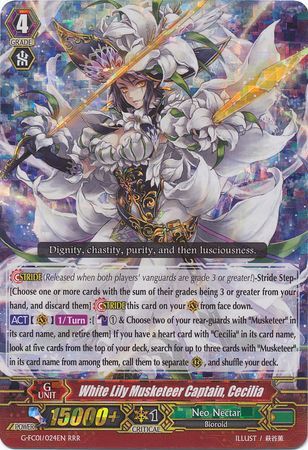 White Lily Musketeer Captain Cecilia G FC01 024EN Triple Rare RRR Cardfight Vanguard Fighter s Collection 2015 Singles White Lily Musketeer Captain Cecilia G FC01 024EN Triple Rare RRR Cardfight Vanguard Fighter s Collection 2015 Singles