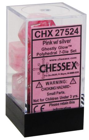 Chessex Ghostly Glow Pink w Silver Set of 7 Polyhedral Dice CHX27524 Dice Life Counters Tokens Chessex Ghostly Glow Pink w Silver Set of 7 Polyhedral Dice CHX27524 Dice Life Counters Tokens