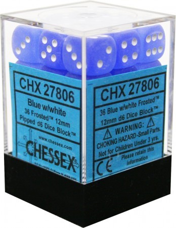 Chessex Frosted Blue w White Set of 36 d6 Dice CHX27806 Chessex Dice Supplies Chessex Frosted Blue w White Set of 36 d6 Dice CHX27806 Chessex Dice Supplies