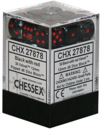 Chessex Dice 36 Block Sets 12mm D6 Velvet Black with Red 36 Die CHX 27878 
