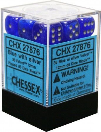 Chessex Velvet Blue w Silver Set of 36 d6 Dice CHX27876 Chessex Dice Supplies Chessex Velvet Blue w Silver Set of 36 d6 Dice CHX27876 Chessex Dice Supplies