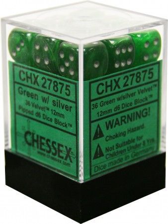 Chessex Velvet Green w Silver Set of 36 d6 Dice CHX27875 Chessex Dice Supplies Chessex Velvet Green w Silver Set of 36 d6 Dice CHX27875 Chessex Dice Supplies
