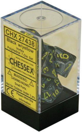 Chessex Vortex Black w Yellow Set of 7 Dice CHX27438 Chessex Dice Supplies Chessex Vortex Black w Yellow Set of 7 Dice CHX27438 Chessex Dice Supplies