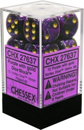 Chessex Vortex Purple w Gold Set of 12 d6 Dice CHX27637 Dice Life Counters Tokens Chessex Vortex Purple w Gold Set of 12 d6 Dice CHX27637 Dice Life Counters Tokens