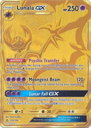 Pokemon Card Lunala GX Gold foil #172/156 Very Good Condition