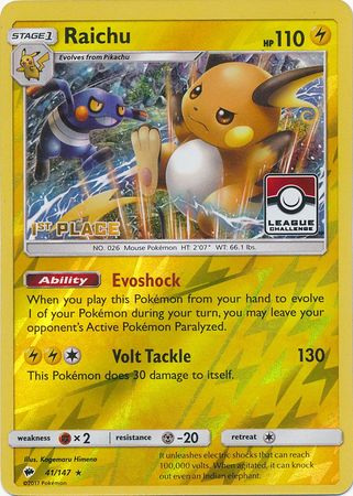 Raichu 41 147 1st Place League Promo Pokemon Championship League Organized Play Promos Raichu 41 147 1st Place League Promo Pokemon Championship League Organized Play Promos