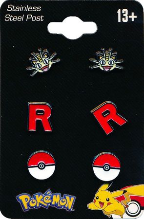 Pokemon Set of 3 Stud Earrings Meowth Team Rocket Poke Ball Pokemon Memorabilia Pokemon Set of 3 Stud Earrings Meowth Team Rocket Poke Ball Pokemon Memorabilia