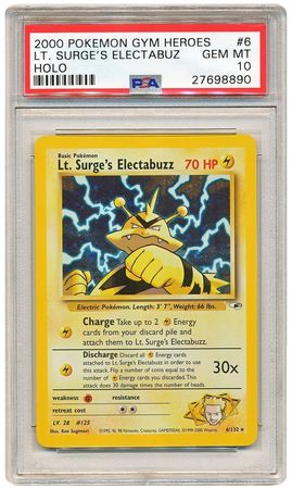Lt Surge s Electabuzz 6 132 PSA GEM MT 10 Holo Rare Gym Heroes 8890 Gym Heroes Unlimited Singles Lt Surge s Electabuzz 6 132 PSA GEM MT 10 Holo Rare Gym Heroes 8890 Gym Heroes Unlimited Singles