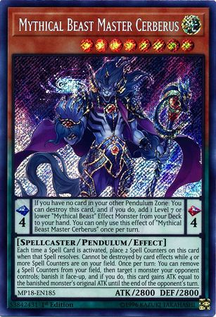 Mythical Beast Master Cerberus MP18 EN185 Secret Rare 1st Edition Mythical Beast Master Cerberus MP18 EN185 Secret Rare 1st Edition