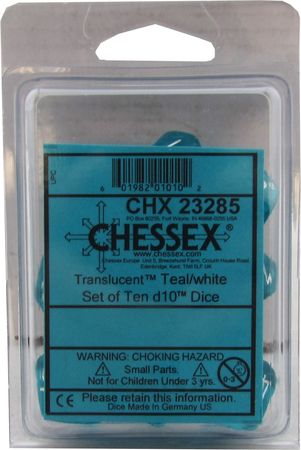 Chessex Translucent Teal w White Set of 10 d10 Dice CHX23285 Dice Life Counters Tokens Chessex Translucent Teal w White Set of 10 d10 Dice CHX23285 Dice Life Counters Tokens
