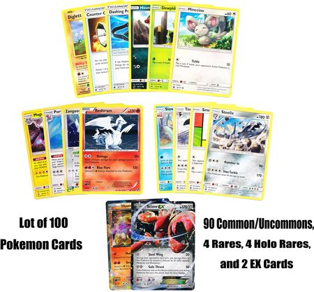 Lot of 100 Pokemon Cards 90 Common Uncommons 4 Rares 4 Holo Rares and 2 EX Cards Pokemon Lots Bundles Lot of 100 Pokemon Cards 90 Common Uncommons 4 Rares 4 Holo Rares and 2 EX Cards Pokemon Lots Bundles
