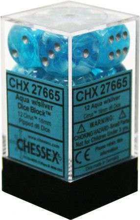 Chessex Cirrus Aqua w Silver Set of 12 d6 Dice CHX27665 Chessex Cirrus Aqua w Silver Set of 12 d6 Dice CHX27665