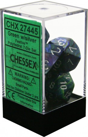 Chessex Festive Green w Silver Set of 7 Dice CHX27445 Dice Life Counters Tokens Chessex Festive Green w Silver Set of 7 Dice CHX27445 Dice Life Counters Tokens