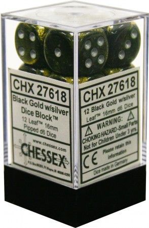 Chessex Leaf Black Gold w Silver Set of 12 d6 Dice CHX27618 Dice Life Counters Tokens Chessex Leaf Black Gold w Silver Set of 12 d6 Dice CHX27618 Dice Life Counters Tokens
