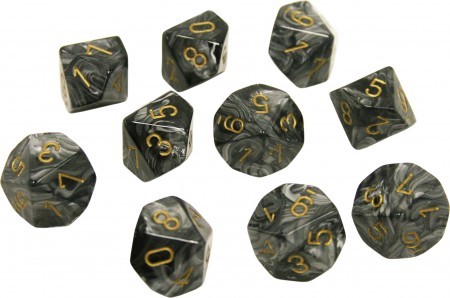 Chessex Manufacturing 27298 D10 Clamshell Set Of 10 Dice Lustrous Black With Gold Numbering