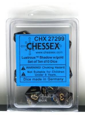 Chessex Lustrous Shadow w Gold Set of 10 d10 Dice CHX27299 Dice Life Counters Tokens Chessex Lustrous Shadow w Gold Set of 10 d10 Dice CHX27299 Dice Life Counters Tokens