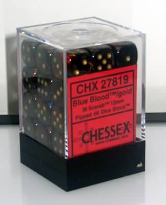 Chessex Scarab Blue Blood Gold Set of 36 d6 Dice CHX27819 Dice Life Counters Tokens Chessex Scarab Blue Blood Gold Set of 36 d6 Dice CHX27819 Dice Life Counters Tokens