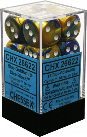 Chessex Gemini Blue Gold w White Set of 12 d6 Dice CHX26622 Chessex Dice Supplies Chessex Gemini Blue Gold w White Set of 12 d6 Dice CHX26622 Chessex Dice Supplies