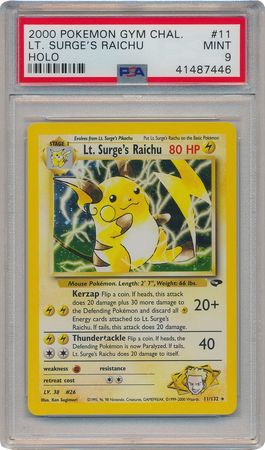 Lt Surge s Raichu 11 132 PSA Mint 9 Holo Unlimited Gym Challenge 7446 Gym Challenge Unlimited Singles Lt Surge s Raichu 11 132 PSA Mint 9 Holo Unlimited Gym Challenge 7446 Gym Challenge Unlimited Singles