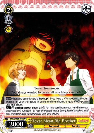 Toya Mean Big Brother CCS WX01 015aEN Uncommon U Weiss Schwarz Cardcaptor Sakura Clear Card Booster Set Toya Mean Big Brother CCS WX01 015aEN Uncommon U Weiss Schwarz Cardcaptor Sakura Clear Card Booster Set
