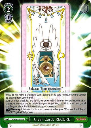 Clear Card RECORD CCS WX01 053EN Uncommon U Weiss Schwarz Cardcaptor Sakura Clear Card Booster Set Clear Card RECORD CCS WX01 053EN Uncommon U Weiss Schwarz Cardcaptor Sakura Clear Card Booster Set