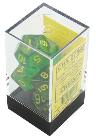 Chessex Borealis Maple Green w Yellow Set of 7 Dice CHX27565 Chessex Dice Supplies Chessex Borealis Maple Green w Yellow Set of 7 Dice CHX27565 Chessex Dice Supplies