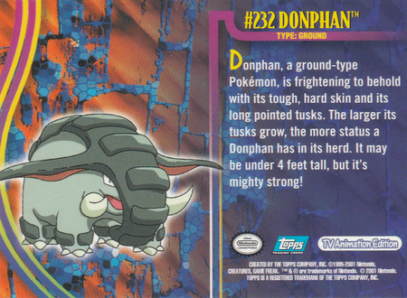 232 Donphan Johto Series 1 Topps Pokemon Johto Series 1 Topps 232 Donphan Johto Series 1 Topps Pokemon Johto Series 1 Topps