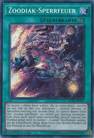 Zoodiak Sperrfeuer RATE DE059 Secret Rare 1st Edition German Yugioh Cards Zoodiak Sperrfeuer RATE DE059 Secret Rare 1st Edition German Yugioh Cards