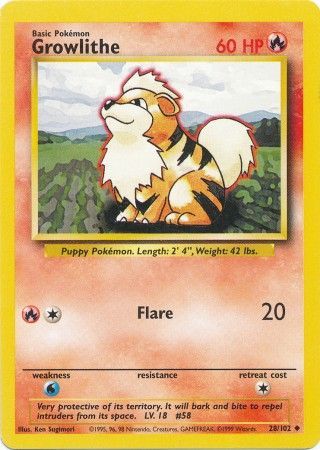 Pokemon Base Set 1999 Growlithe Card HP 28/102 TCG Trading Card Game Unlimited 