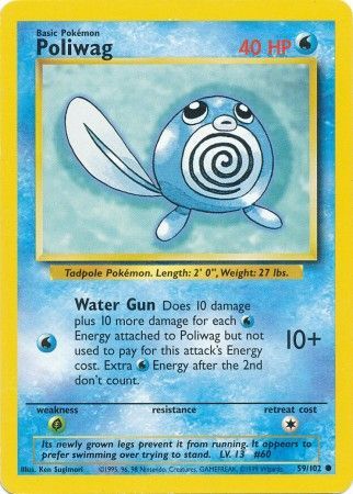 Unlimited Edition NEAR MINT POLIWAG Base Set 59/102 Common Pokemon Card 