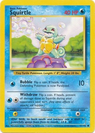 Details about   1999 Pokemon Card Game Lot Base Set Shadowless Squirtle 63/102 Water Type Energy 