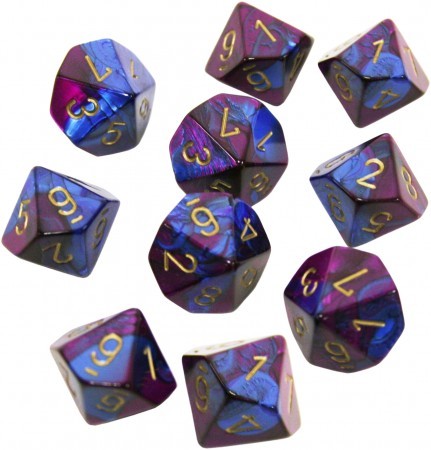 Chessex Gemini Blue Purple w Gold Set of 10 d10 Dice CHX26228 Chessex Dice Supplies Chessex Gemini Blue Purple w Gold Set of 10 d10 Dice CHX26228 Chessex Dice Supplies