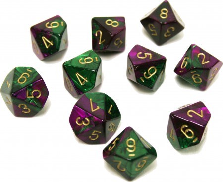 Chessex Gemini Green Purple w Gold Set of 10 d10 Dice CHX26234 Dice Life Counters Tokens Chessex Gemini Green Purple w Gold Set of 10 d10 Dice CHX26234 Dice Life Counters Tokens