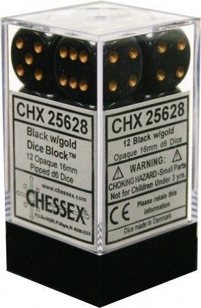 Chessex Opaque Black w Gold set of 12 16mm d6 CHX25628 Dice Life Counters Tokens Chessex Opaque Black w Gold set of 12 16mm d6 CHX25628 Dice Life Counters Tokens