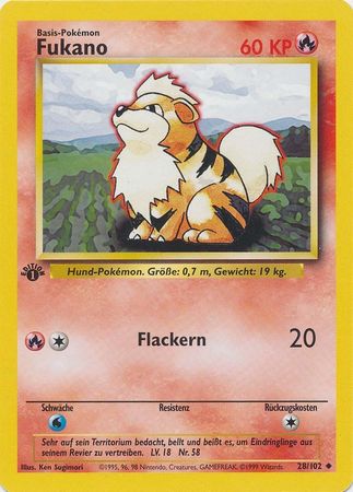Fukano Growlithe 28 102 Uncommon 1st Edition Base Set German Fukano Growlithe 28 102 Uncommon 1st Edition Base Set German